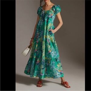 Anthropologie Maeve Tropical Green Maxi Tiered Dress Vacation Beach Cruise